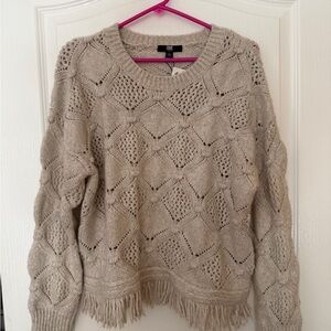 Frye Light Beige Openwork Fringe Crewneck Sweater NWT